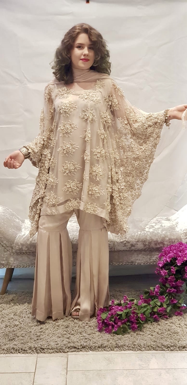 Buy Blush Pink Gotta Patti Chikankari Embroidered Poncho Dress With Shaded  Crinkle Cape by Designer KAVITA BHARTIA Online at Ogaan.com